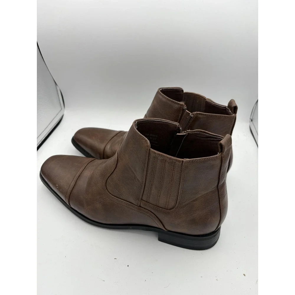 Brown Chelsea Boots Mens Size 9.5 Faux Leather Ankle Zip Square Toe Dress Casual